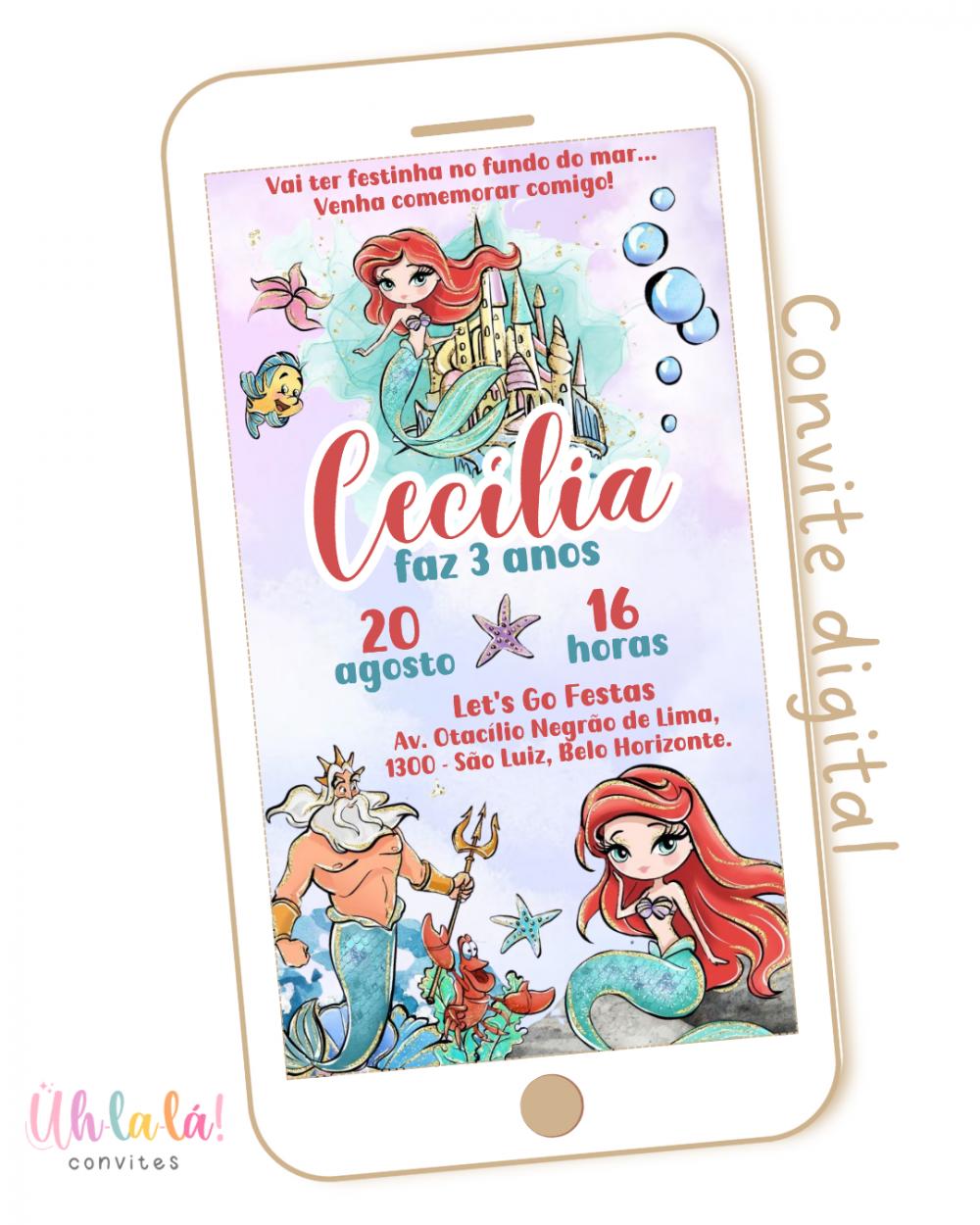 Convite Digital Ariel/ Pequena Sereia Aquarela