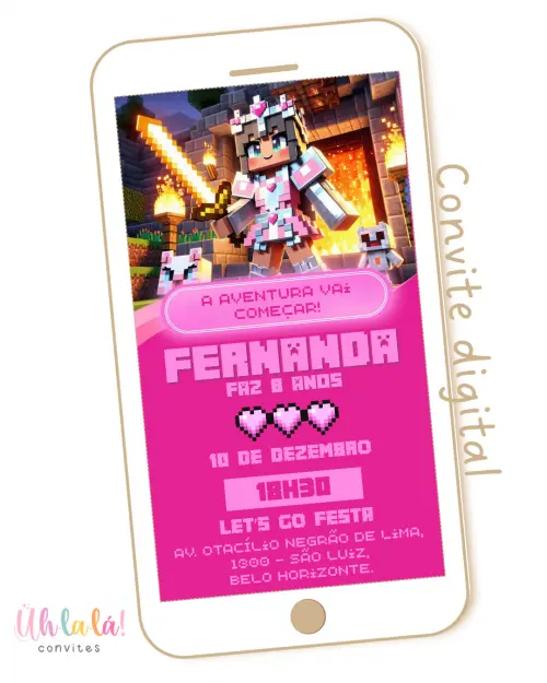 Convite Digital Minecraft Menina