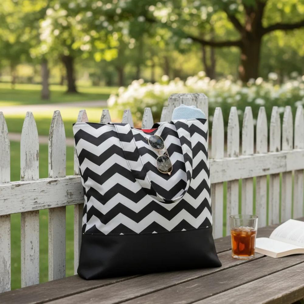 Tote Bag Chevron Branco e Preto / Laranja