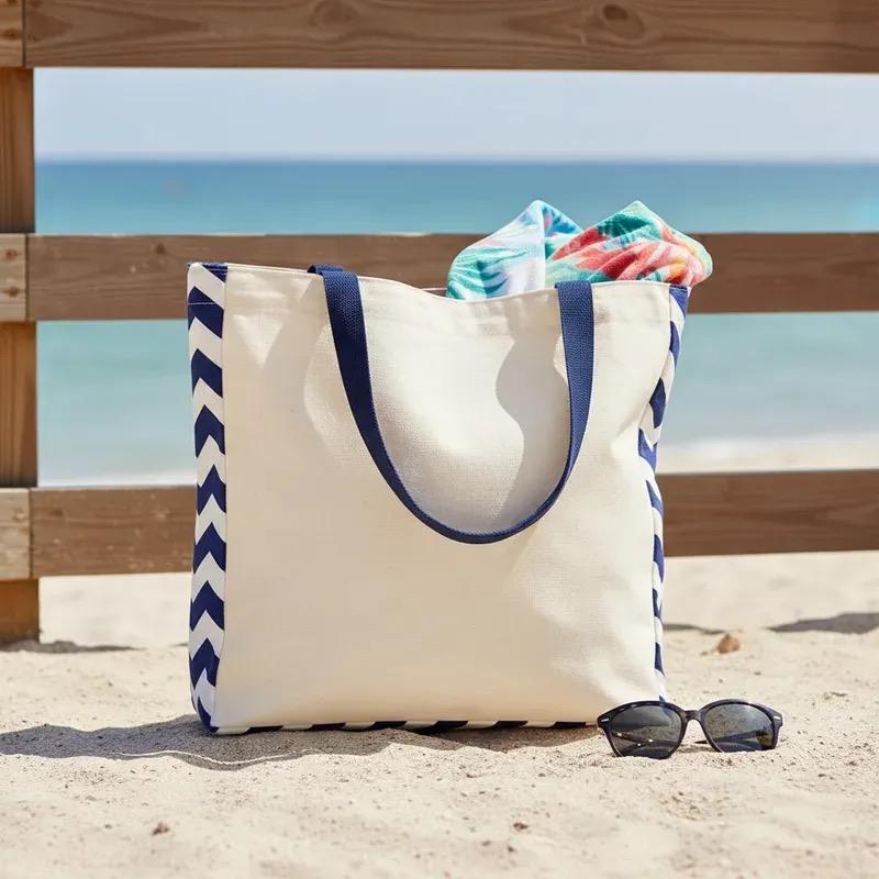 Tote Bag Crua com Detalhe Chevron Marinho