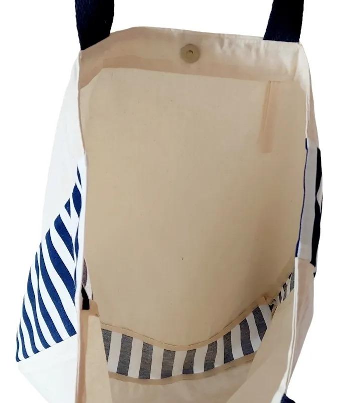 Tote Bag Crua com Detalhe Listrado Marinho