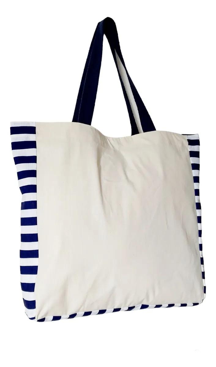 Tote Bag Crua com Detalhe Listrado Marinho
