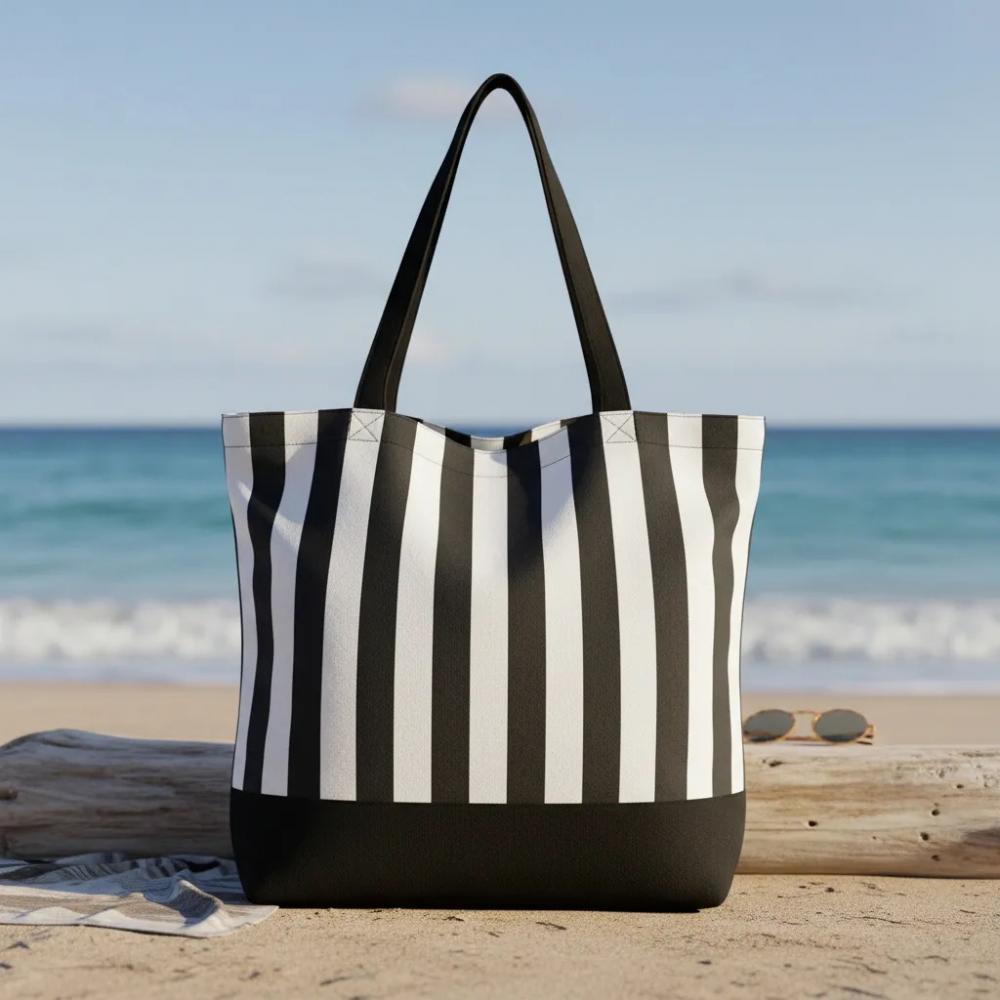Tote Bag em Lona de Algodão - Listras e Preto