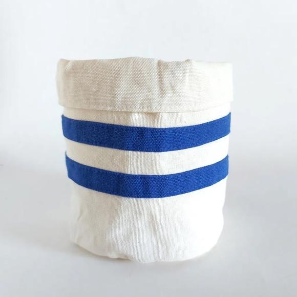 Eco Cesto de Tecido Cru e Listras Azul Escuro