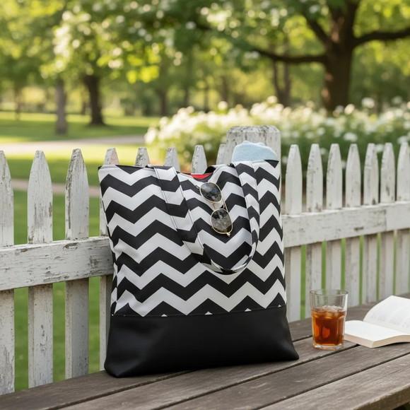 Tote Bag Chevron Branco e Preto / Laranja
