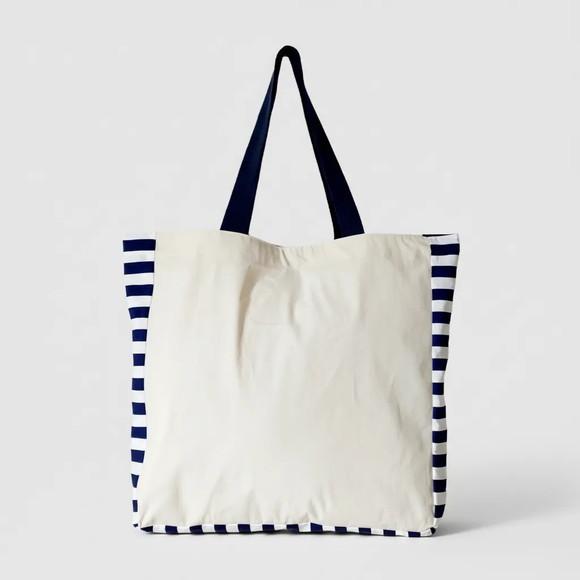 Tote Bag Crua com Detalhe Listrado Marinho