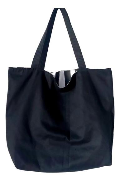 Tote Bag em Lona de Algodão - Listras e Preto