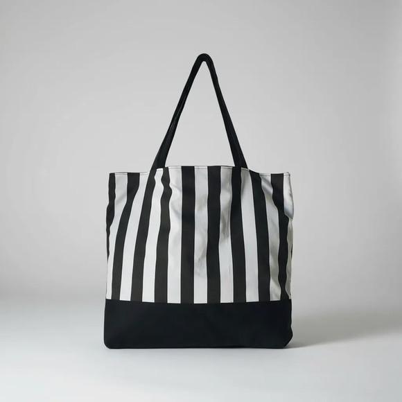 Tote Bag em Lona de Algodão - Listras e Preto