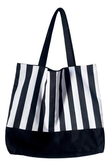 Tote Bag em Lona de Algodão - Listras e Preto