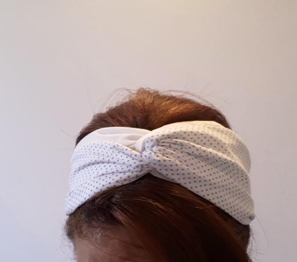 Turbante Headband Faixa Cabelo Boho Vintage Branco Poá Azul