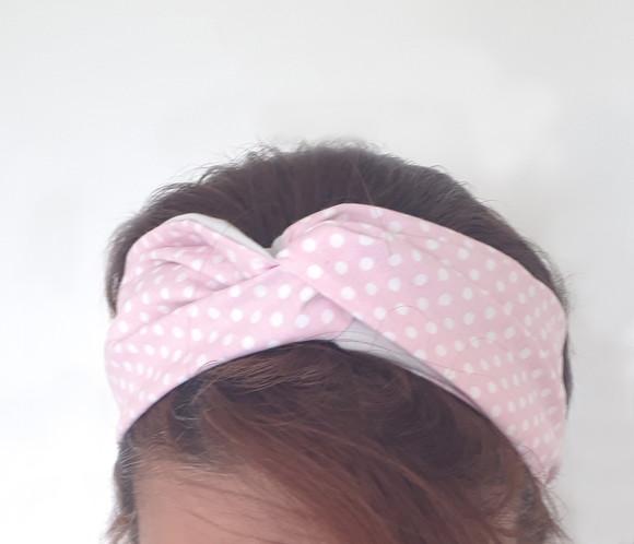 Turbante Headband Faixa Cabelo Boho Vintage Rosa Poá Branco