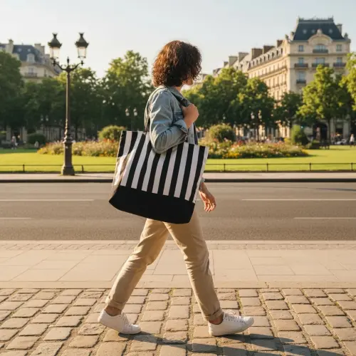 Tote Bag em Lona de Algodão - Listras e Preto