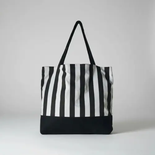 Tote Bag em Lona de Algodão - Listras e Preto