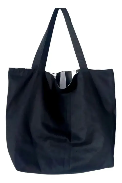 Tote Bag em Lona de Algodão - Listras e Preto