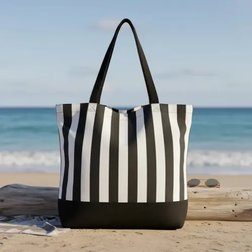 Tote Bag em Lona de Algodão - Listras e Preto