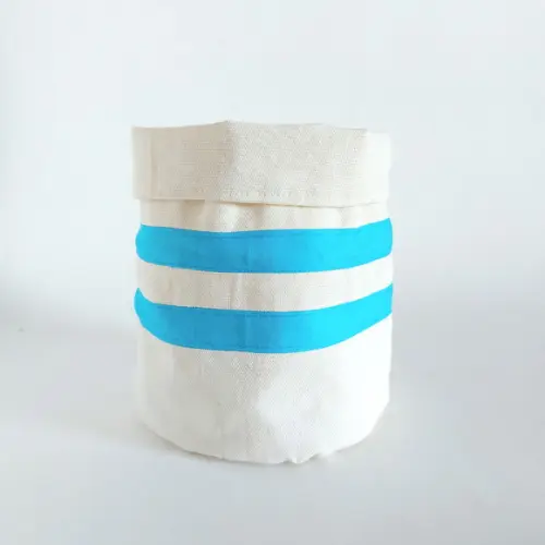 Eco Cesto de Tecido Cru e Listras Azul Vivo