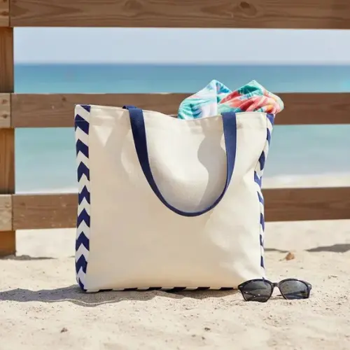 Tote Bag Crua com Detalhe Chevron Marinho