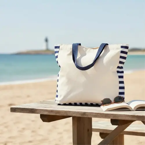 Tote Bag Crua com Detalhe Listrado Marinho
