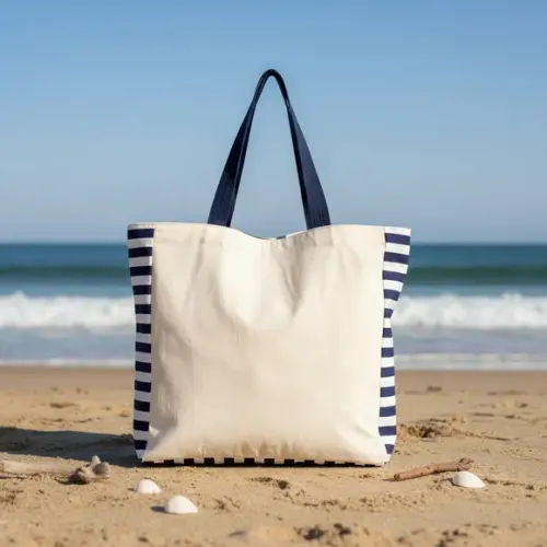 Tote Bag Crua com Detalhe Listrado Marinho