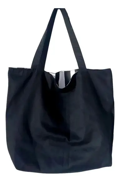 Tote Bag em Lona de Algodão - Listras e Preto