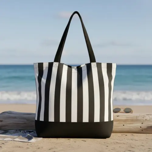 Tote Bag em Lona de Algodão - Listras e Preto