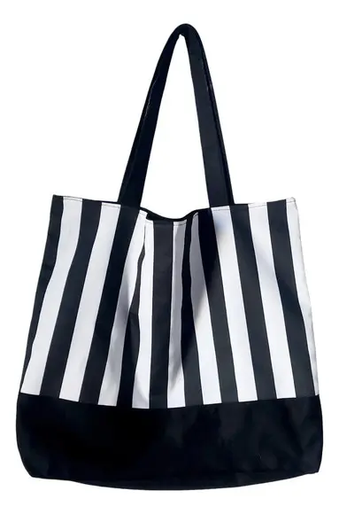 Tote Bag em Lona de Algodão - Listras e Preto