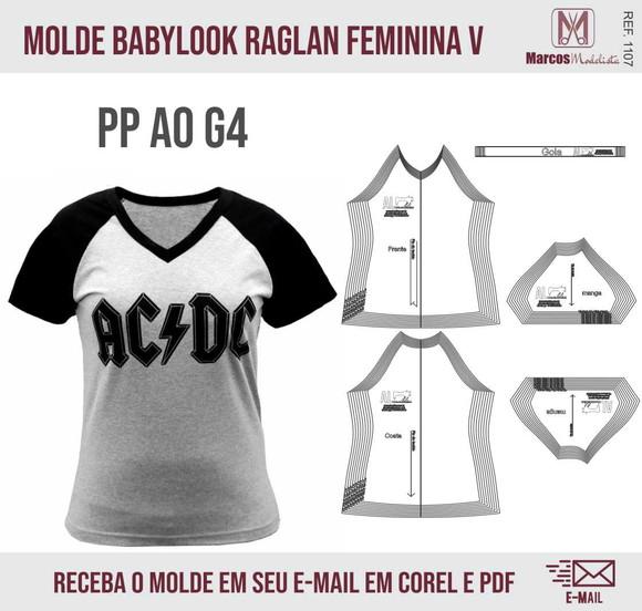 Molde Modelagem BabyLook Raglan Feminina Gola V 1107