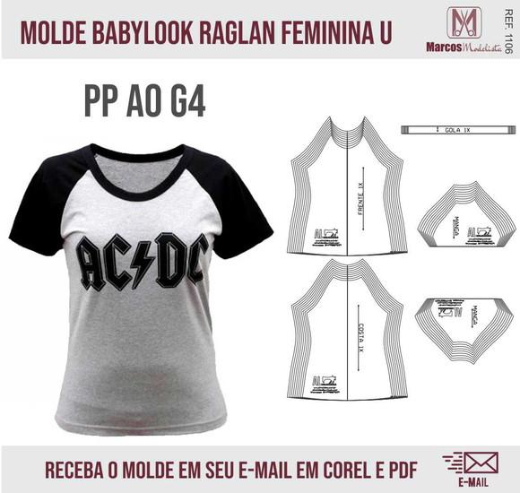 Molde Modelagem BabyLook Raglan Feminina Gola U 1106