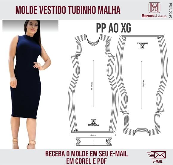 Molde Modelagem Vestido Malha Tubinho Gola 0020