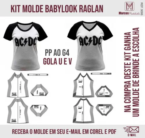 Kit Molde Modelagem Babylook Raglan Feminina Gola U e V 9006