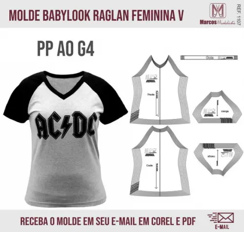 Molde Modelagem BabyLook Raglan Feminina Gola V 1107