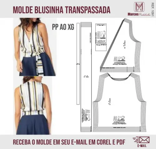 Molde Modelagem Blusa Feminina Traspassada e Amarração 1091