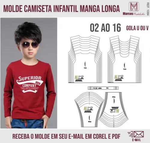 Molde Modelagem Camiseta Infantil Manga Longa 1084