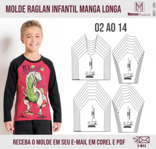Molde Modelagem Camiseta Infantil Raglan Manga Longa 1086