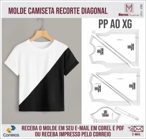 Molde Modelagem Camiseta Recorte Diagonal 1157