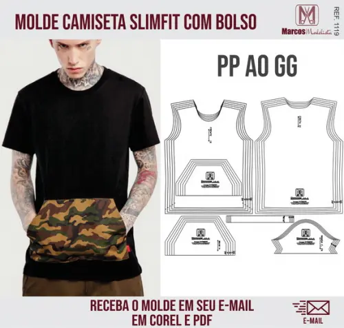 Molde Modelagem Camiseta SlimFit Bolso Canguru 1119
