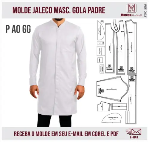 Molde Modelagem Jaleco Masculino Slim Gola Padre 0032
