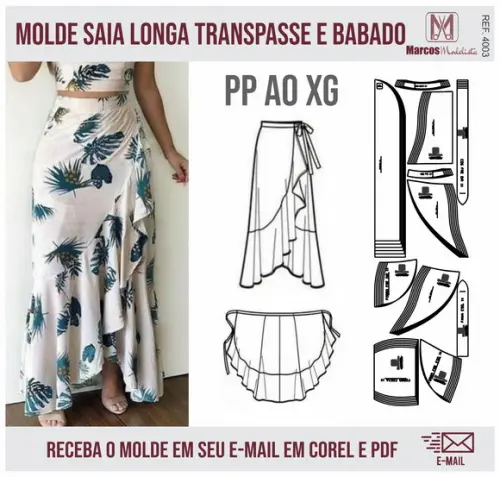 Molde Modelagem Saia Longa Transpasse e Babado 4003