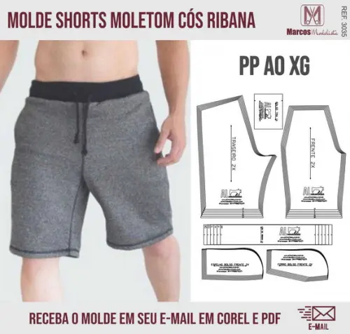 Molde Modelagem Shorts Moletom Masculino Cós Ribana 3035