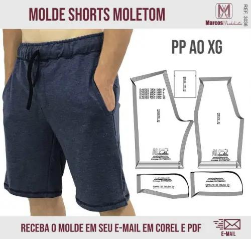 Molde Modelagem Shorts Moletom Masculino Básico 3036