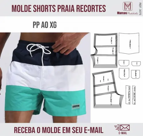 Molde Modelagem Shorts Praia 3 Recortes Masculino 3075