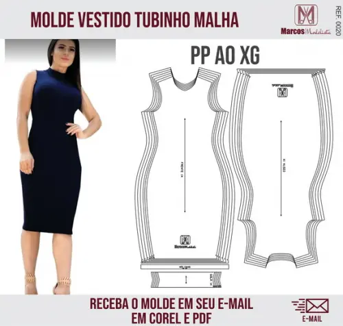 Molde Modelagem Vestido Malha Tubinho Gola 0020