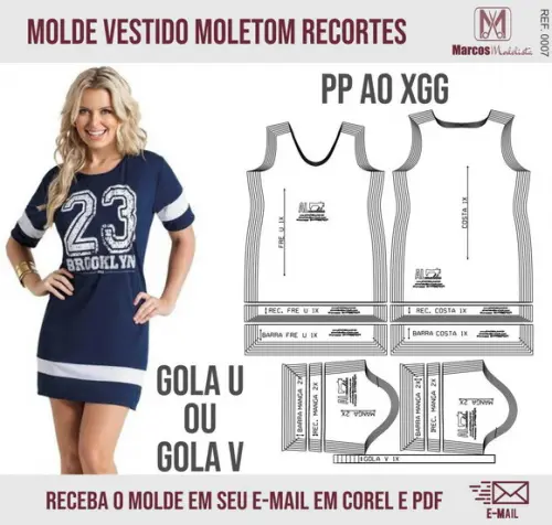 Molde Vestido Moletom Recortes Manga e Barra 0007