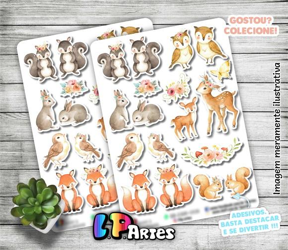 Cartela de Adesivos - Animais do Bosque Aquarelado