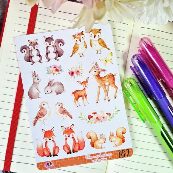 Cartela de Adesivos - Animais do Bosque Aquarelado