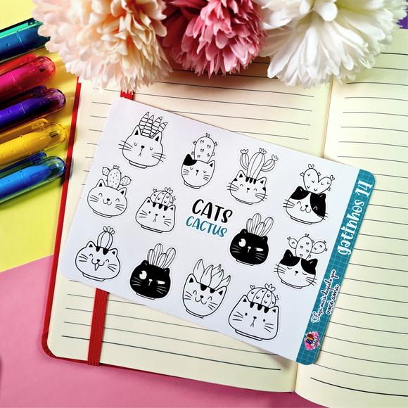 Cartela de Adesivos em Vinil - Gatinhos Cactos