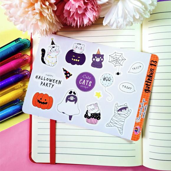 Cartela de Adesivos em Vinil - Gatinhos Halloween