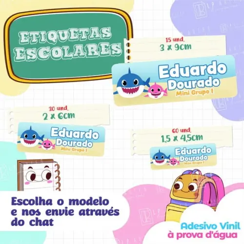 110 Etiquetas Adesivo Escolar em Vinil - Baby Shark