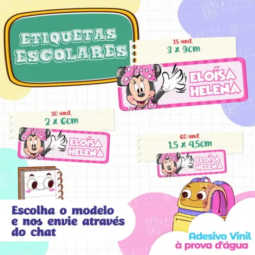 110 Etiquetas Adesivo Escolar em Vinil - Minnie Rosa