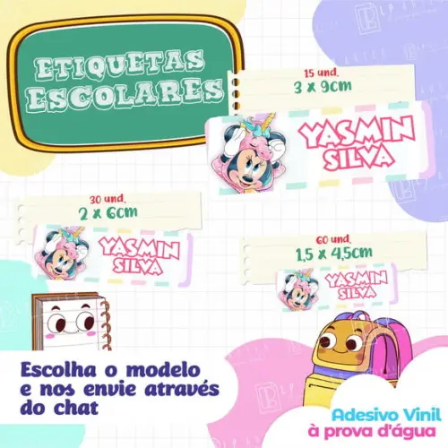 110 Etiquetas Adesivo Escolar em Vinil - Minnie Unicórnio
